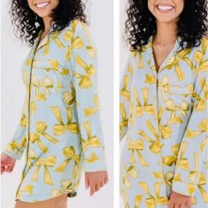 In My Sundays Pajama Shirt Dress Womens XS Blue Bows Print Button Up Sleep
